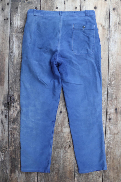 Vintage 1970s French workwear trousers - blue moleskin chore pants - darned and repaired - 32” x 28”