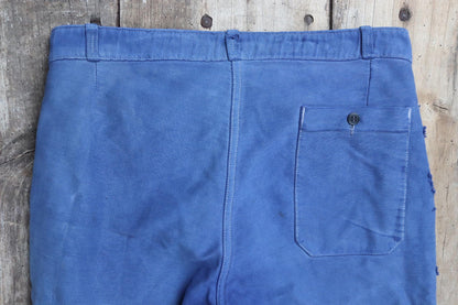 Vintage 1970s French workwear trousers - blue moleskin chore pants - darned and repaired - 32” x 28”