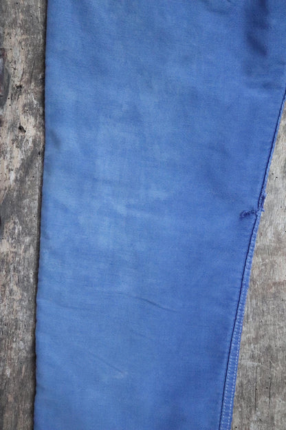 Vintage 1970s French workwear trousers - blue moleskin chore pants - darned and repaired - 32” x 28”