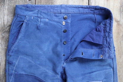 Vintage 1970s French workwear trousers - blue moleskin chore pants - darned and repaired - 32” x 28”