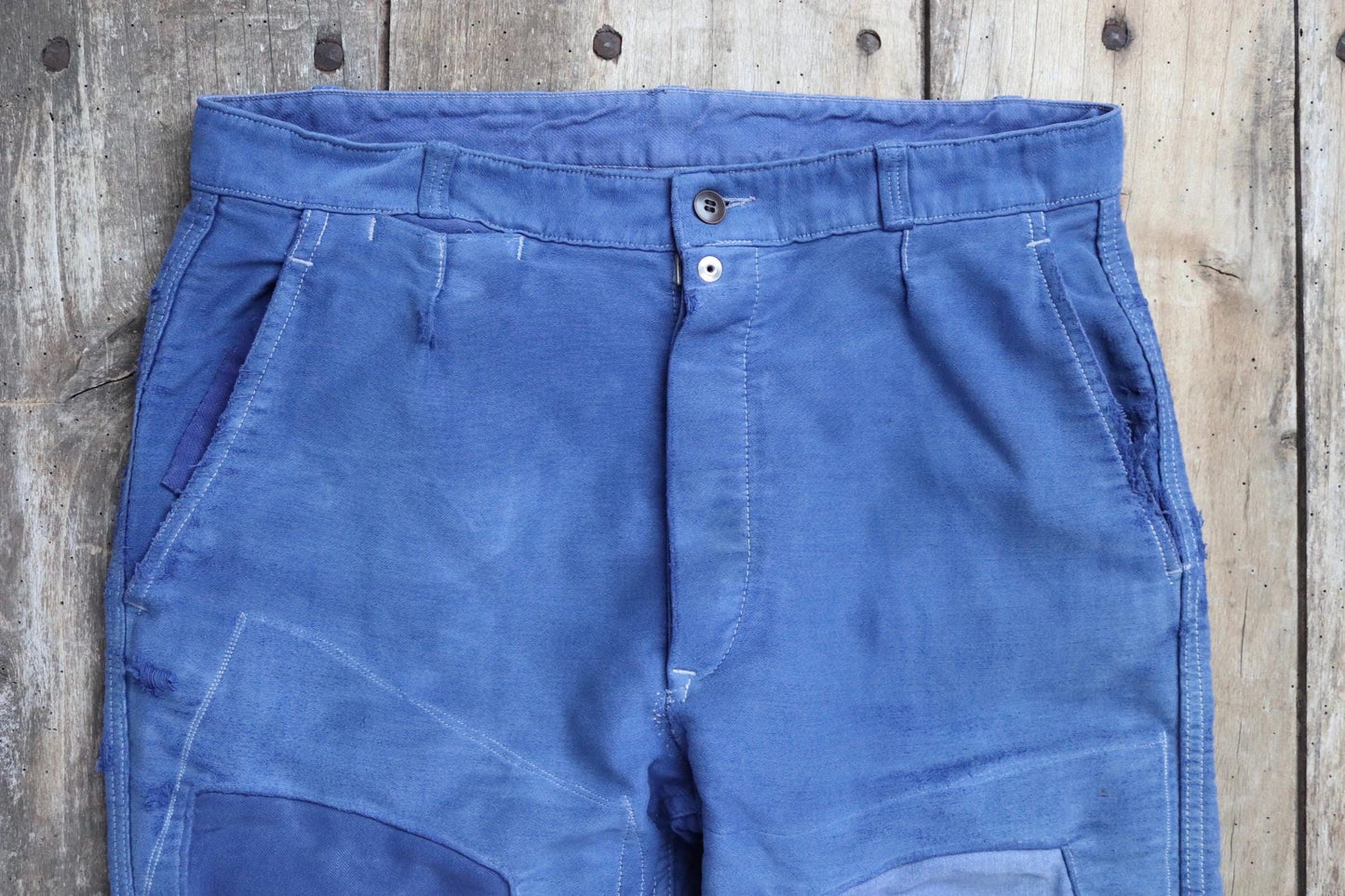 Vintage 1970s French workwear trousers - blue moleskin chore pants - darned and repaired - 32” x 28”