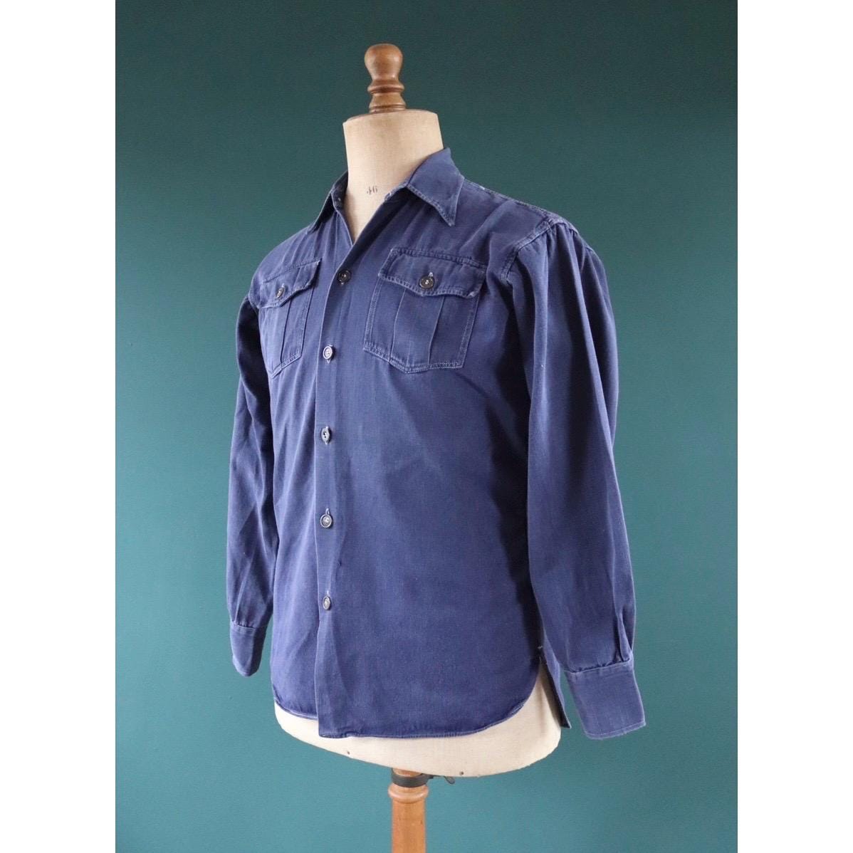 Vintage 1950s Swedish indigo cotton shirt - military workwear - 43” chest