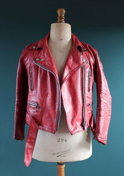 Vintage 1970s British red leather biker jacket - Highwayman - BSA motorcycle - 37” chest
