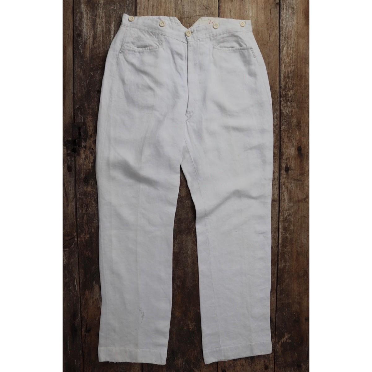 Vintage 1920s French white linen trousers - buckle back pants - 31” x 30”
