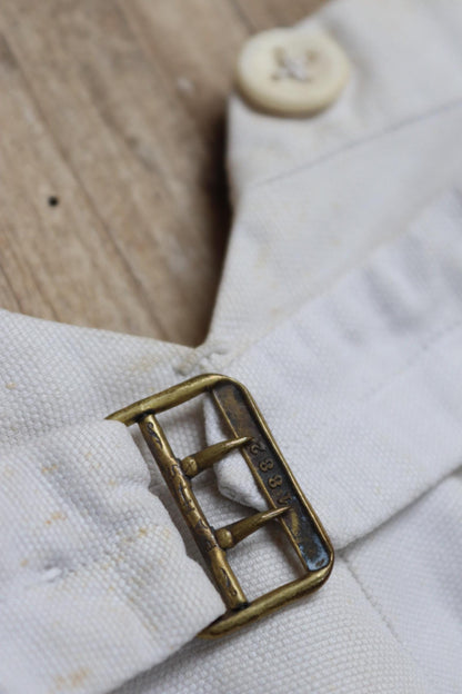Vintage 1920s French white linen trousers - buckle back pants - 31” x 30”