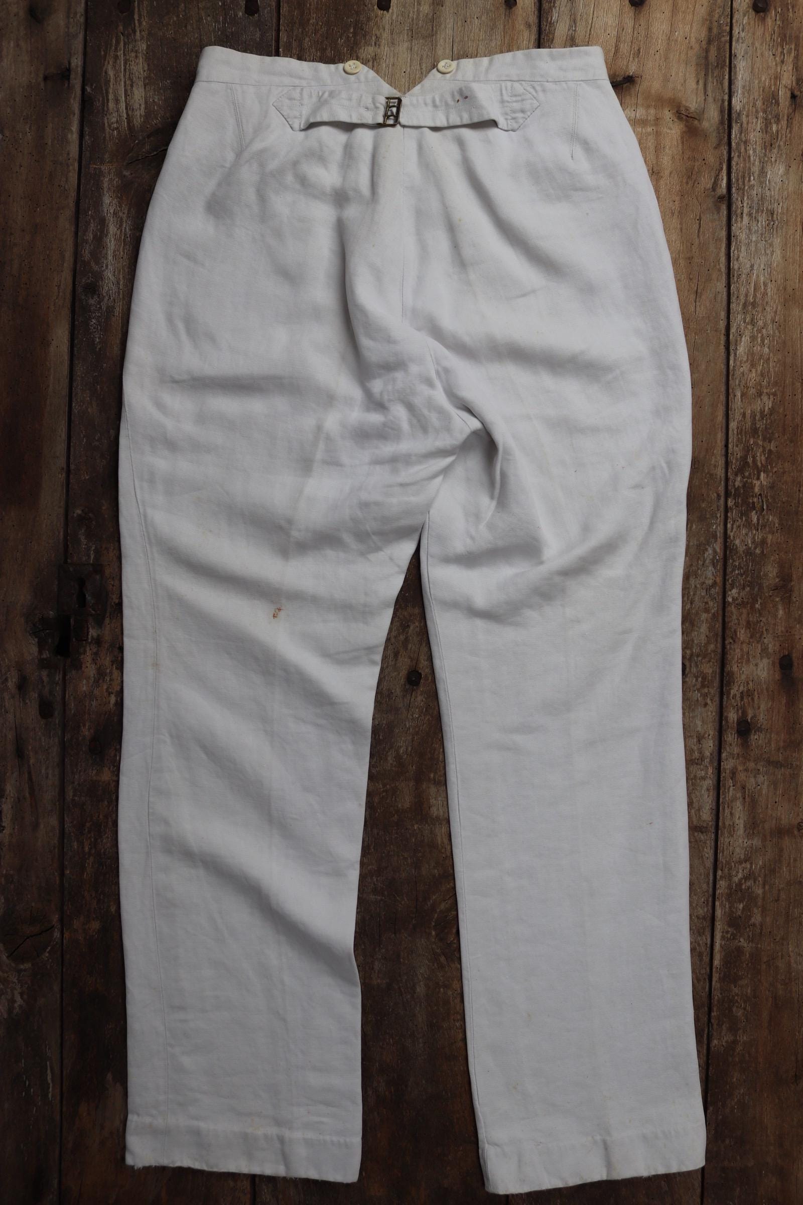 Vintage 1920s French white linen trousers - buckle back pants - 31” x 30”