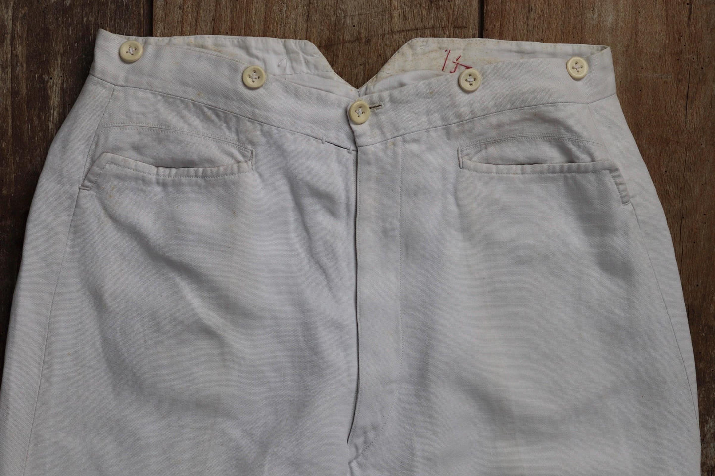 Vintage 1920s French white linen trousers - buckle back pants - 31” x 30”