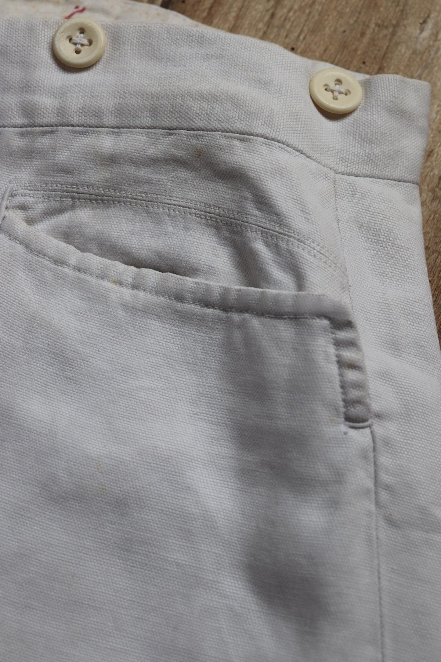 Vintage 1920s French white linen trousers - buckle back pants - 31” x 30”