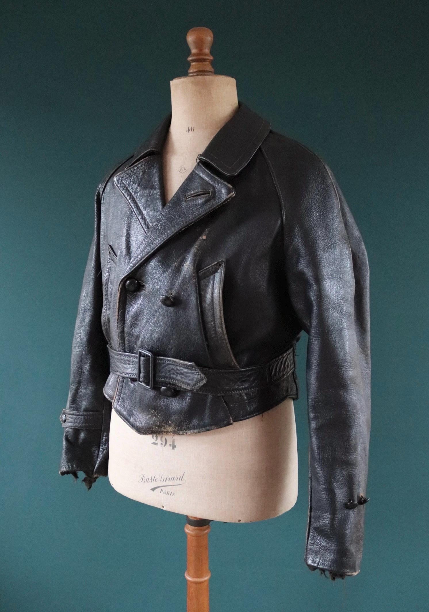 Vintage 1950s Italian black cropped leather jacket - motorcycle blouson - half belt - 45” chest