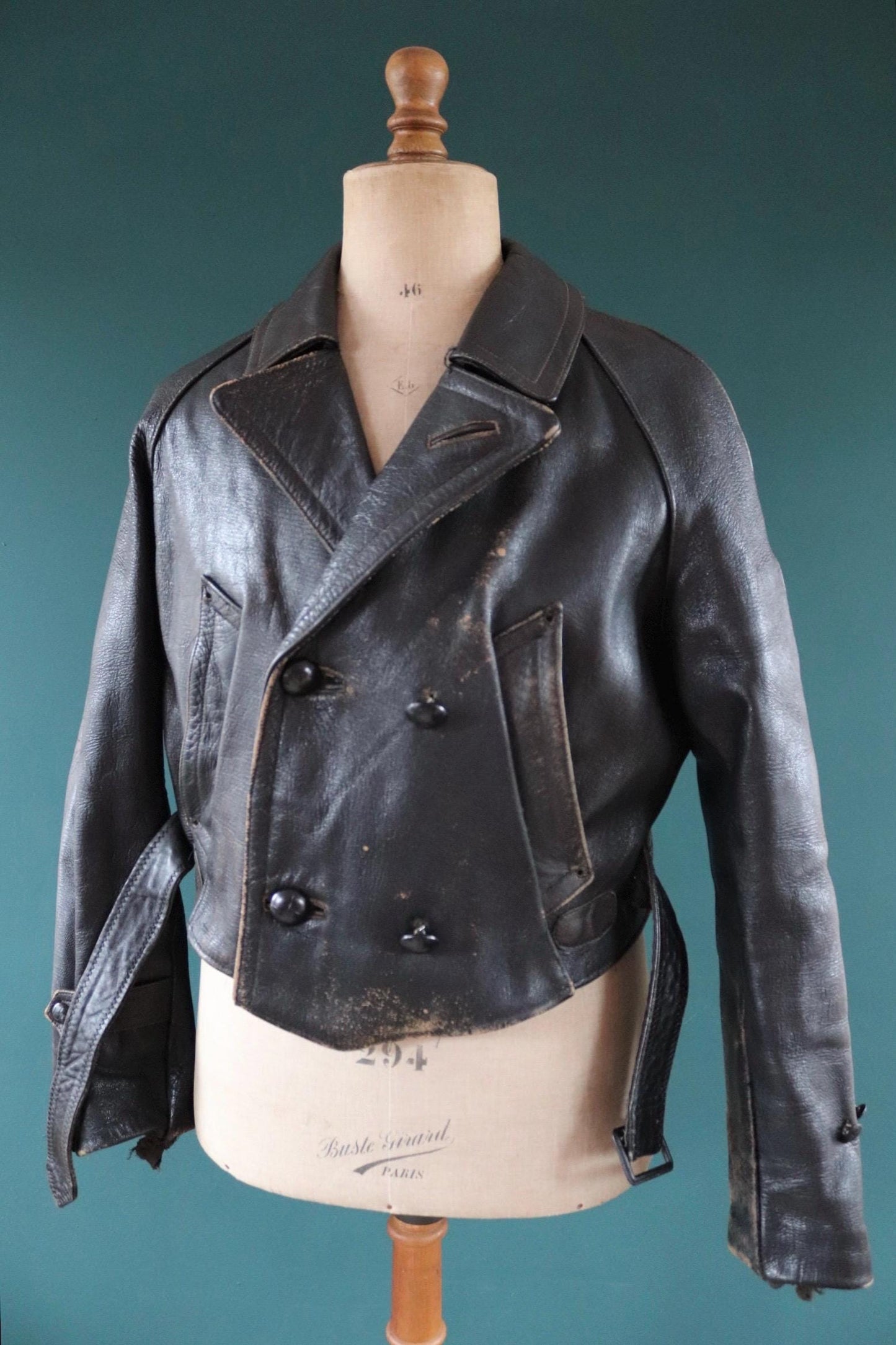 Vintage 1950s Italian black cropped leather jacket - motorcycle blouson - half belt - 45” chest