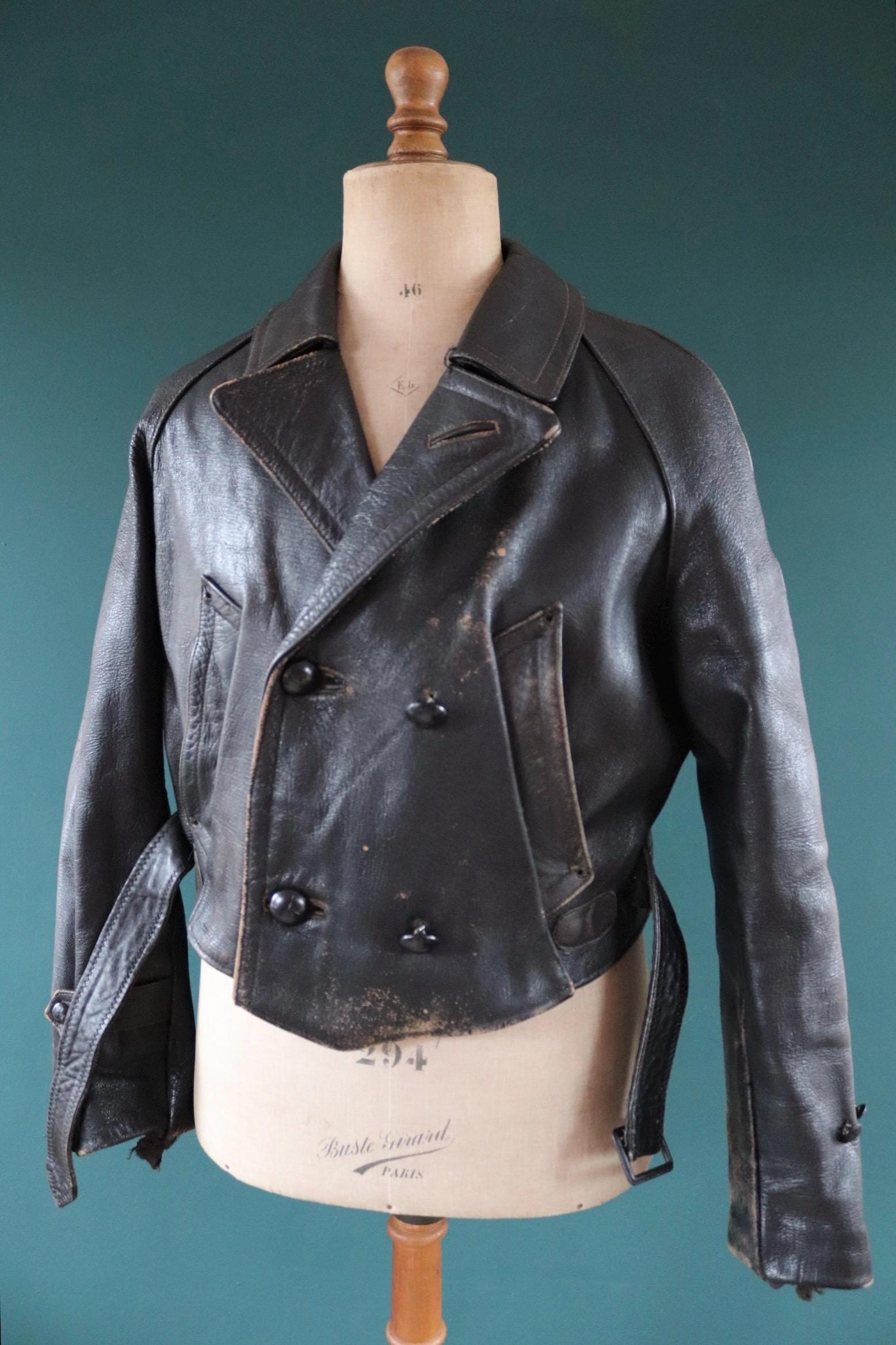 Vintage 1950s Italian black cropped leather jacket - motorcycle blouson - half belt - 45” chest