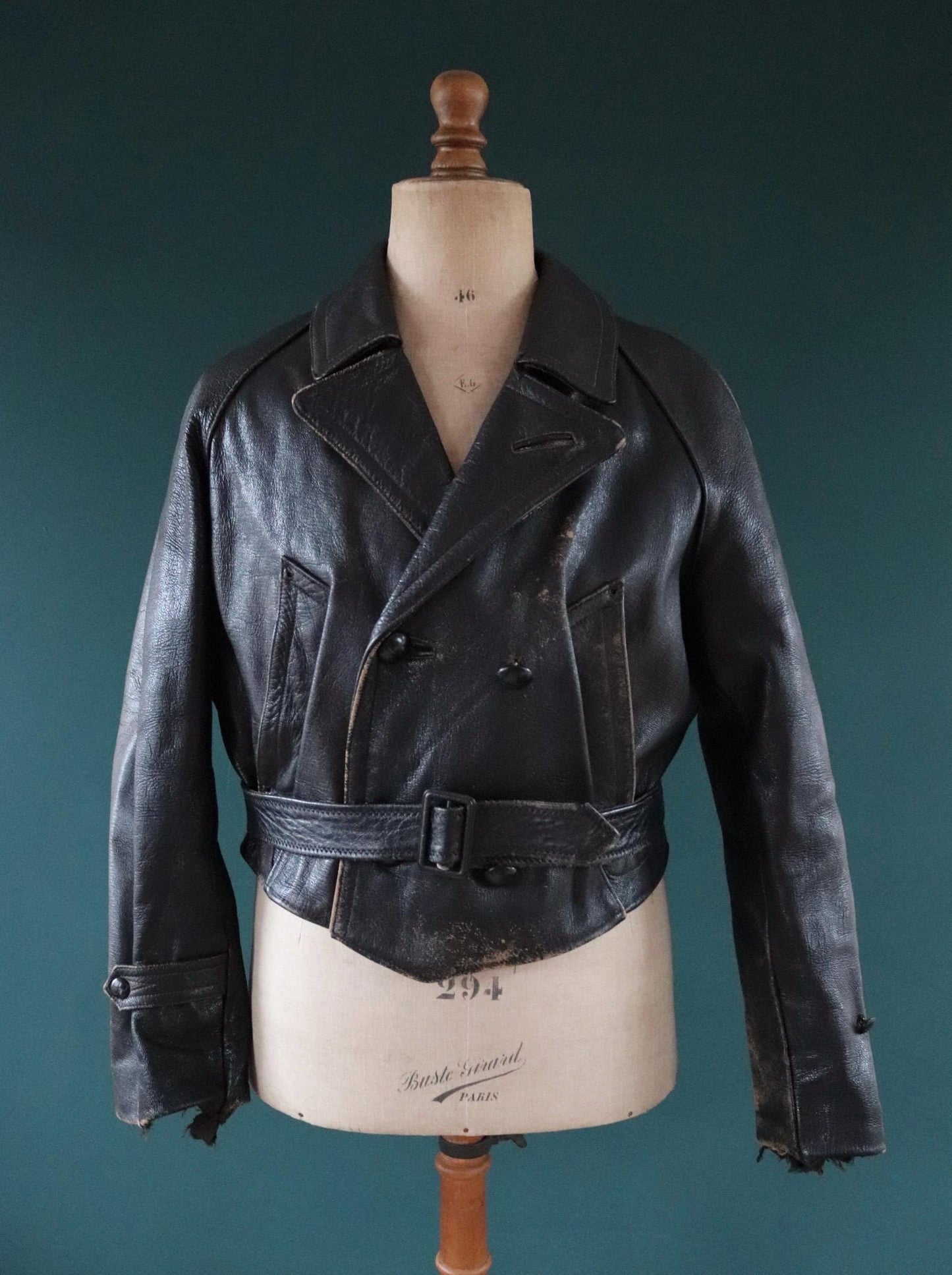 Vintage 1950s Italian black cropped leather jacket - motorcycle blouson - half belt - 45” chest