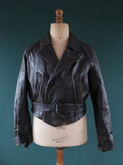 Vintage 1950s Italian black cropped leather jacket - motorcycle blouson - half belt - 45” chest