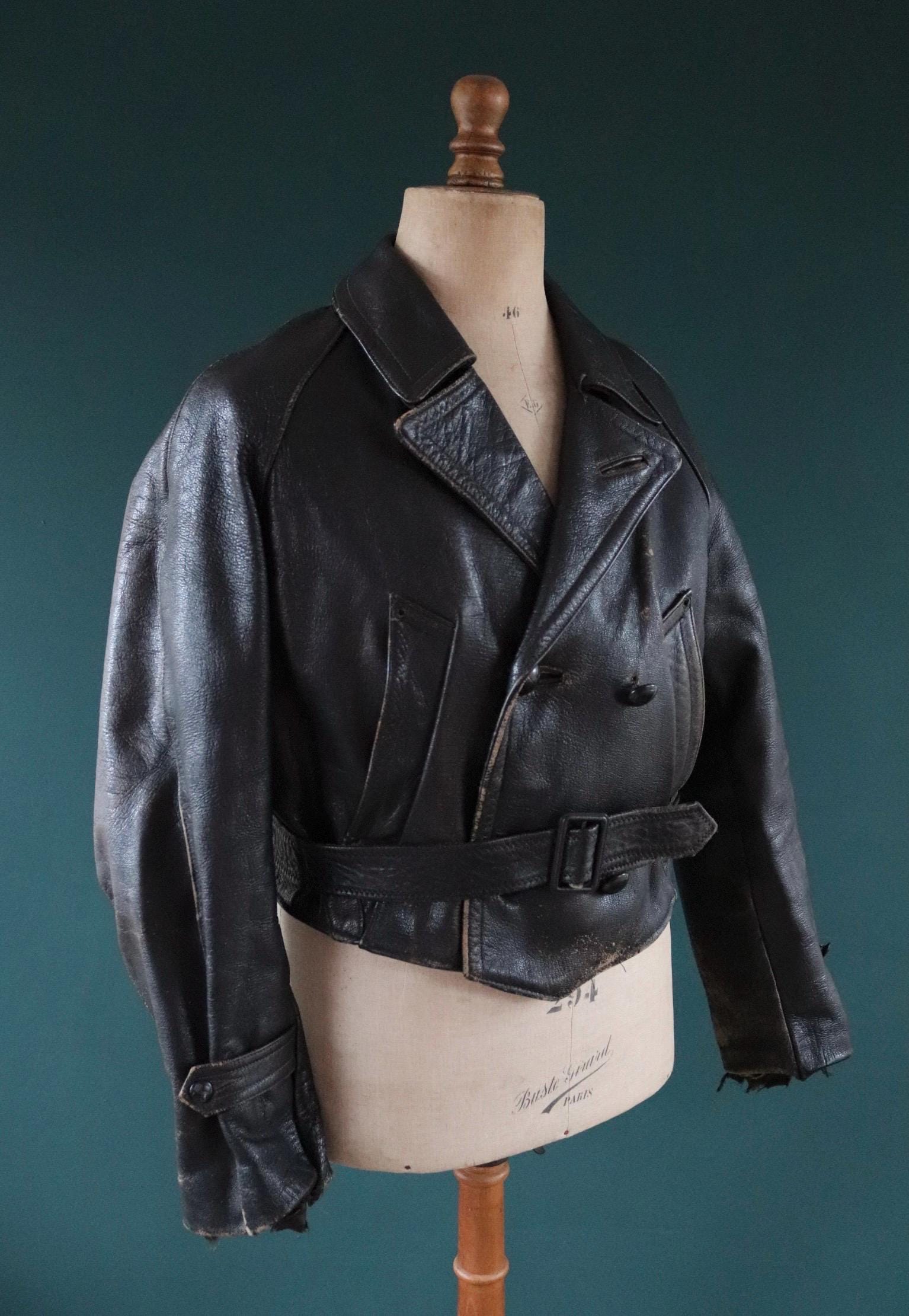 Vintage 1950s Italian black cropped leather jacket - motorcycle blouson - half belt - 45” chest
