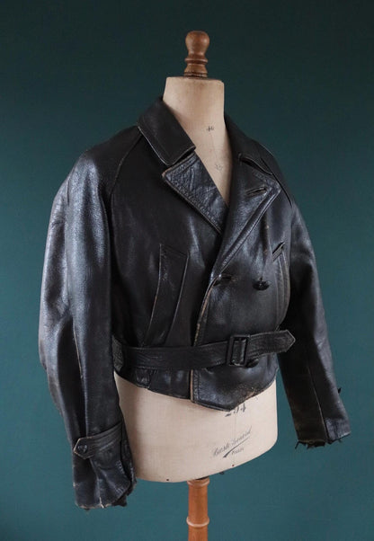 Vintage 1950s Italian black cropped leather jacket - motorcycle blouson - half belt - 45” chest