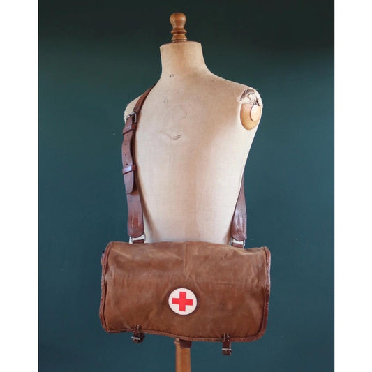 Vintage 1940s Swedish army medical bag - WW2 military shoulder bag - brown canvas leather cross body