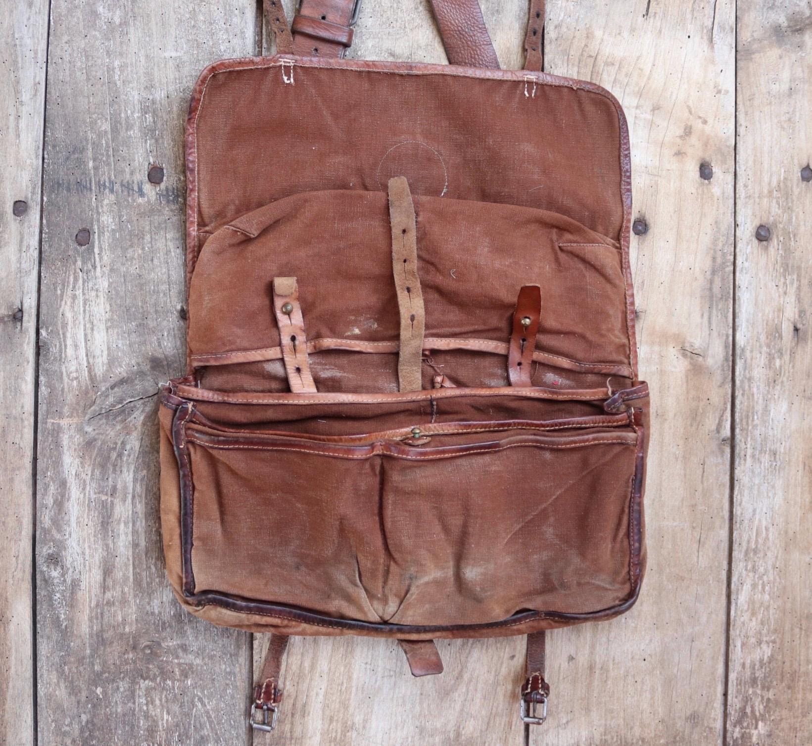 Vintage 1940s Swedish army medical bag - WW2 military shoulder bag - brown canvas leather cross body