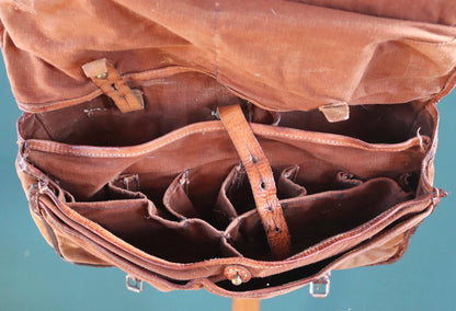 Vintage 1940s Swedish army medical bag - WW2 military shoulder bag - brown canvas leather cross body