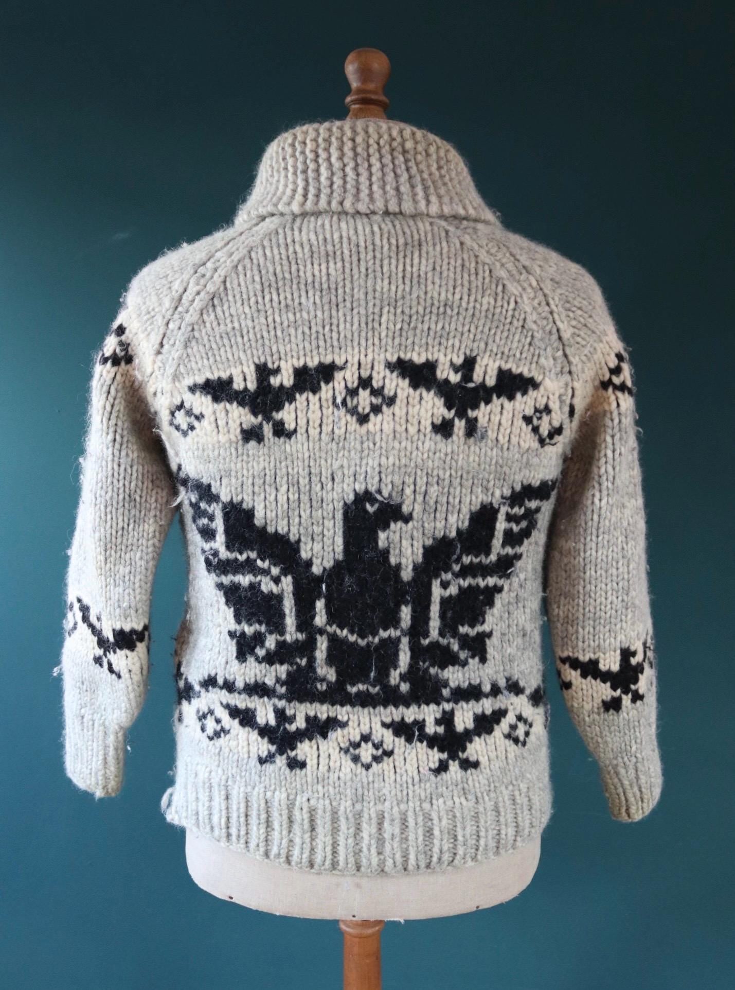 Vintage 1970s Cowichan style wool sweater - hand made Thunderbird cardigan - chunky knit - 40" chest