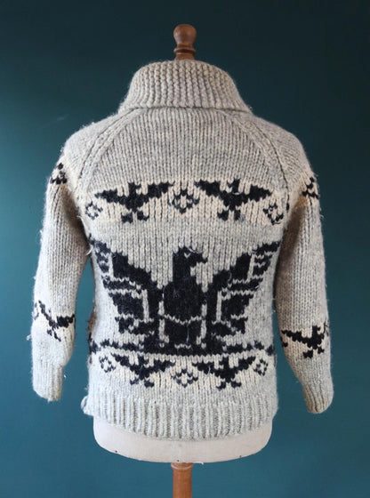 Vintage 1970s Cowichan style wool sweater - hand made Thunderbird cardigan - chunky knit - 40" chest