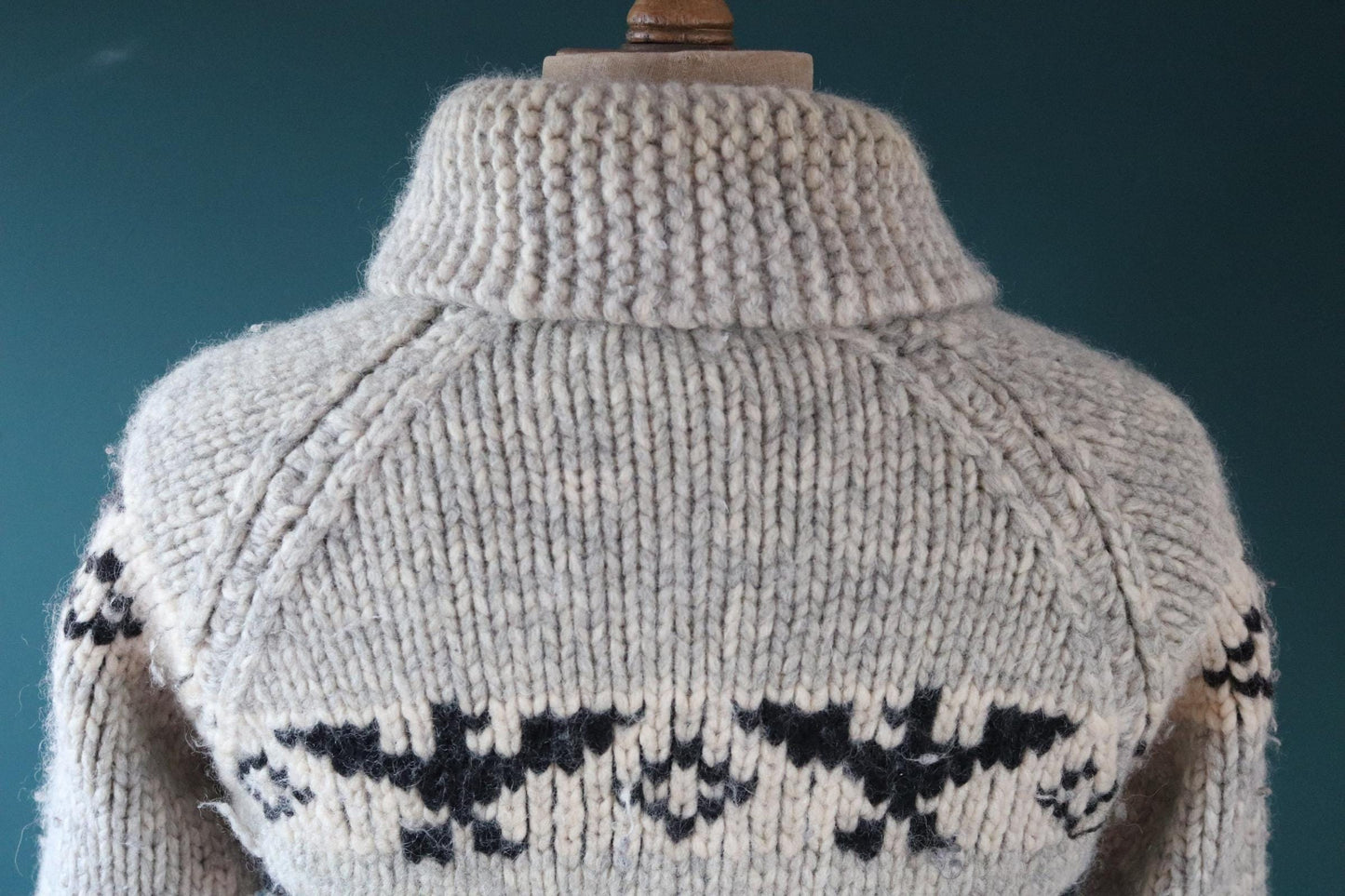 Vintage 1970s Cowichan style wool sweater - hand made Thunderbird cardigan - chunky knit - 40" chest