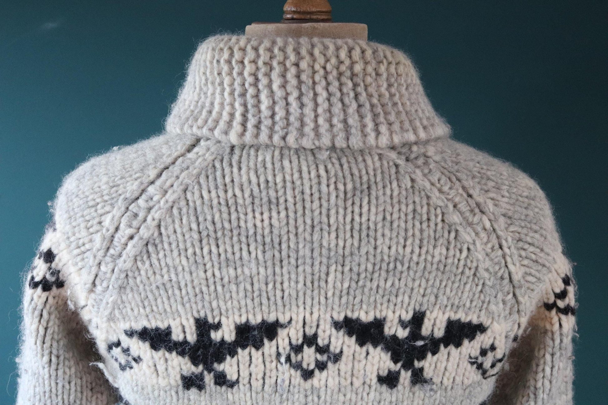Vintage 1970s Cowichan style wool sweater - hand made Thunderbird cardigan - chunky knit - 40" chest
