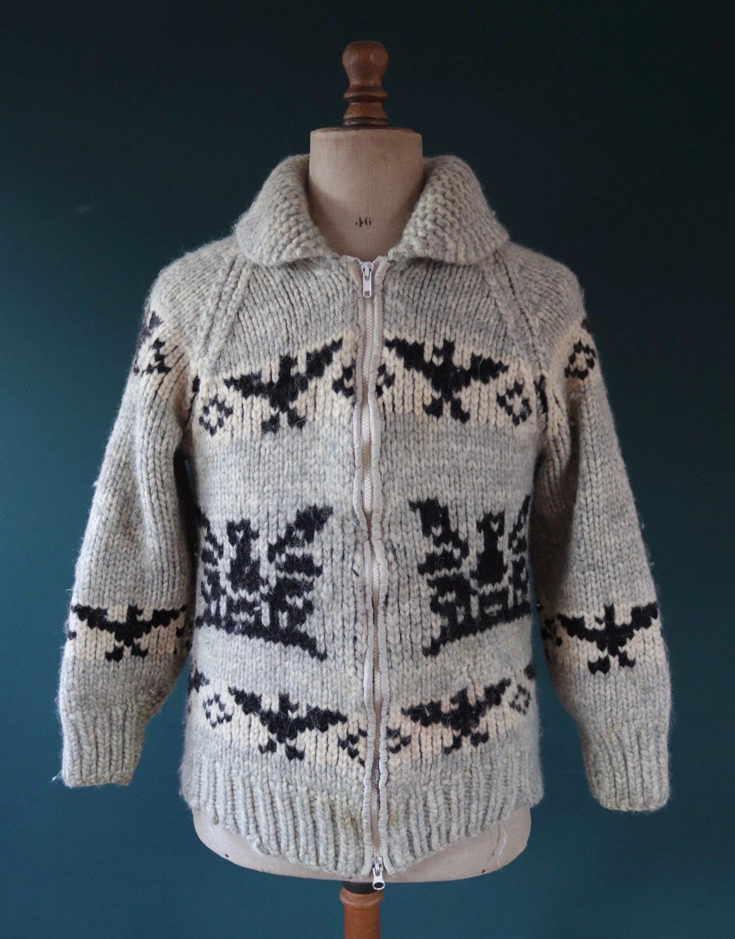 Vintage 1970s Cowichan style wool sweater - hand made Thunderbird cardigan - chunky knit - 40" chest