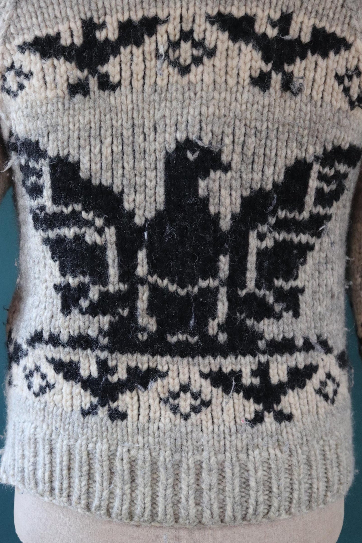 Vintage 1970s Cowichan style wool sweater - hand made Thunderbird cardigan - chunky knit - 40" chest