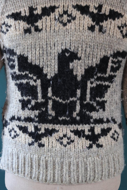 Vintage 1970s Cowichan style wool sweater - hand made Thunderbird cardigan - chunky knit - 40" chest