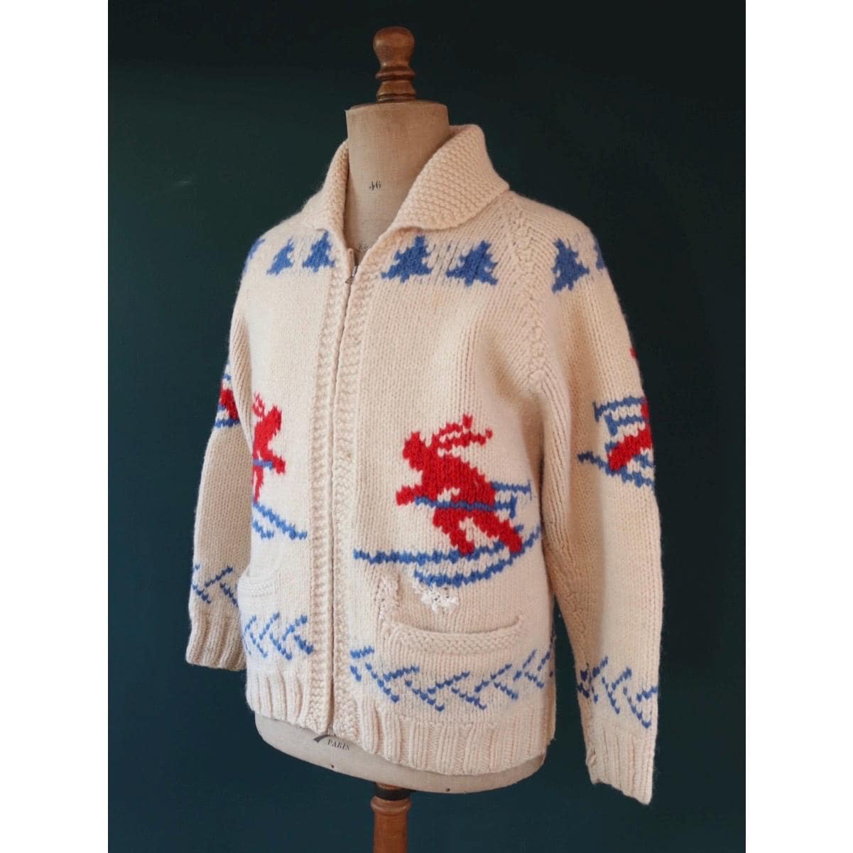 Vintage 1950s wool Cowichan sweater - 1960s novelty hand knit - shawl collar - skiing design jumper - 42” chest