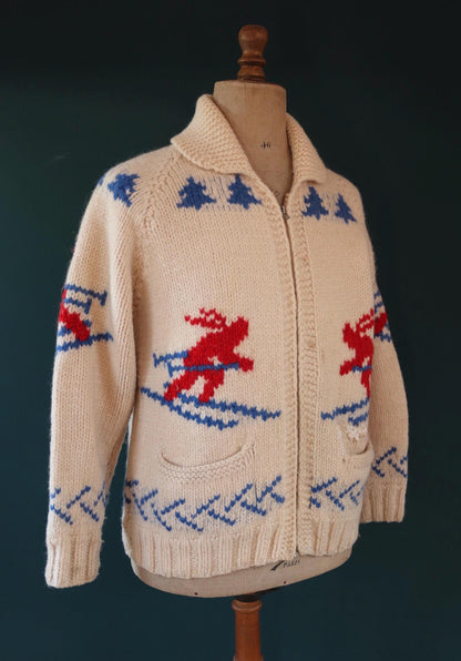 Vintage 1950s wool Cowichan sweater - 1960s novelty hand knit - shawl collar - skiing design jumper - 42” chest