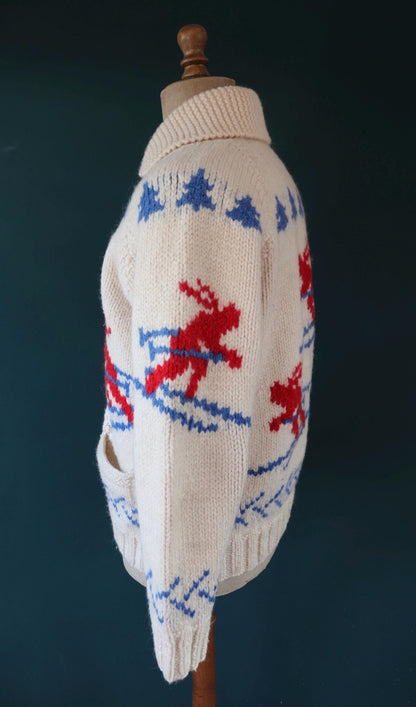 Vintage 1950s wool Cowichan sweater - 1960s novelty hand knit - shawl collar - skiing design jumper - 42” chest