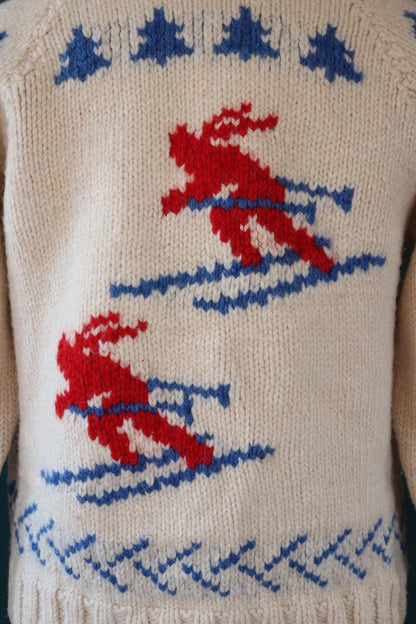 Vintage 1950s wool Cowichan sweater - 1960s novelty hand knit - shawl collar - skiing design jumper - 42” chest