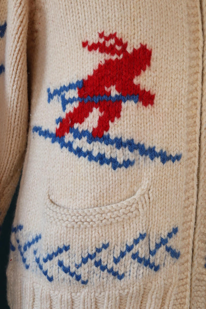 Vintage 1950s wool Cowichan sweater - 1960s novelty hand knit - shawl collar - skiing design jumper - 42” chest