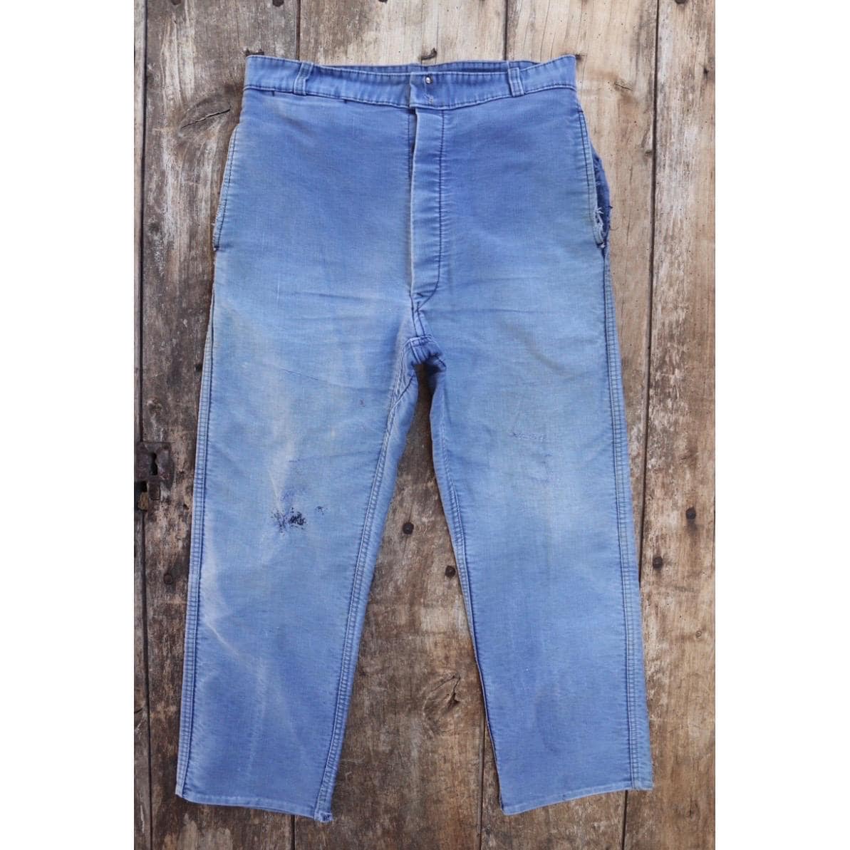 Vintage 1950s French workwear trousers - Le Mont St Michel chore pants - blue moleskin - darned and repaired - 31” x 24”