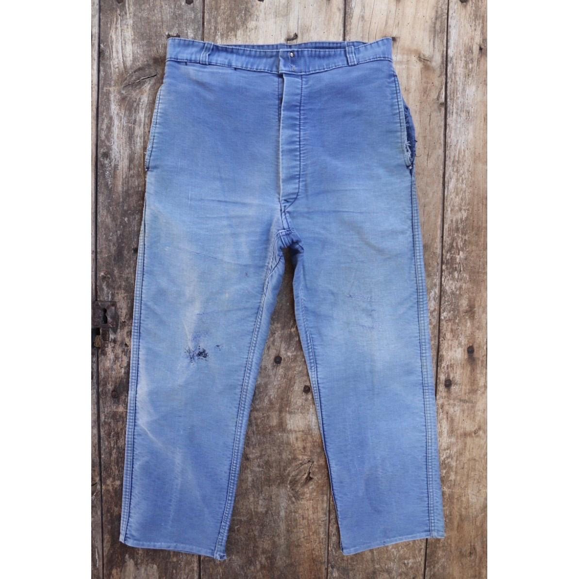 Vintage 1950s French workwear trousers - Le Mont St Michel chore pants - blue moleskin - darned and repaired - 31” x 24”