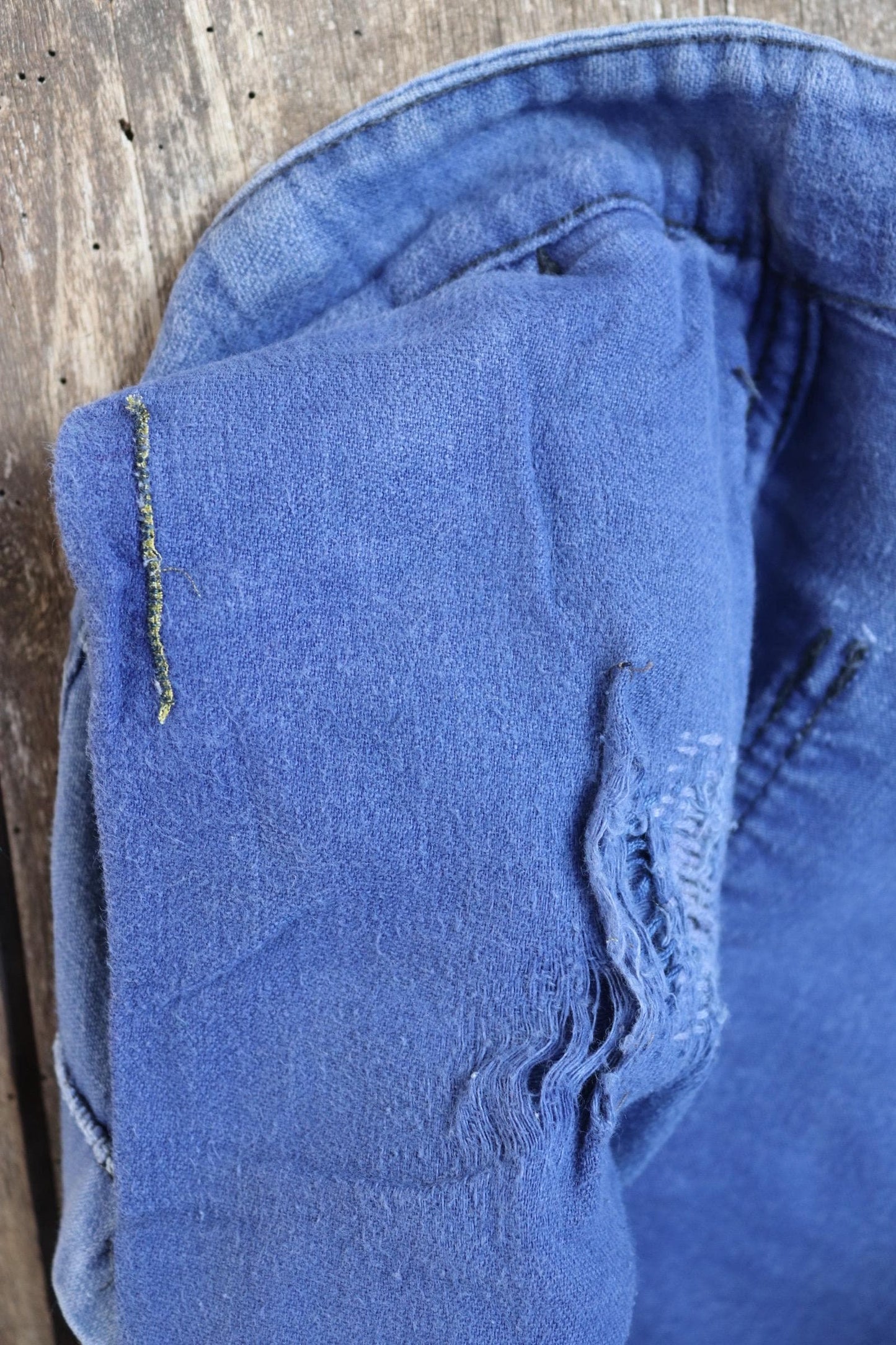 Vintage 1950s French workwear trousers - Le Mont St Michel chore pants - blue moleskin - darned and repaired - 31” x 24”