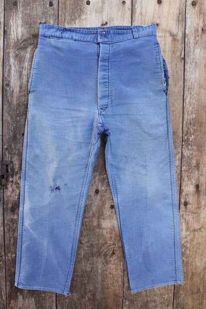 Vintage 1950s French workwear trousers - Le Mont St Michel chore pants - blue moleskin - darned and repaired - 31” x 24”