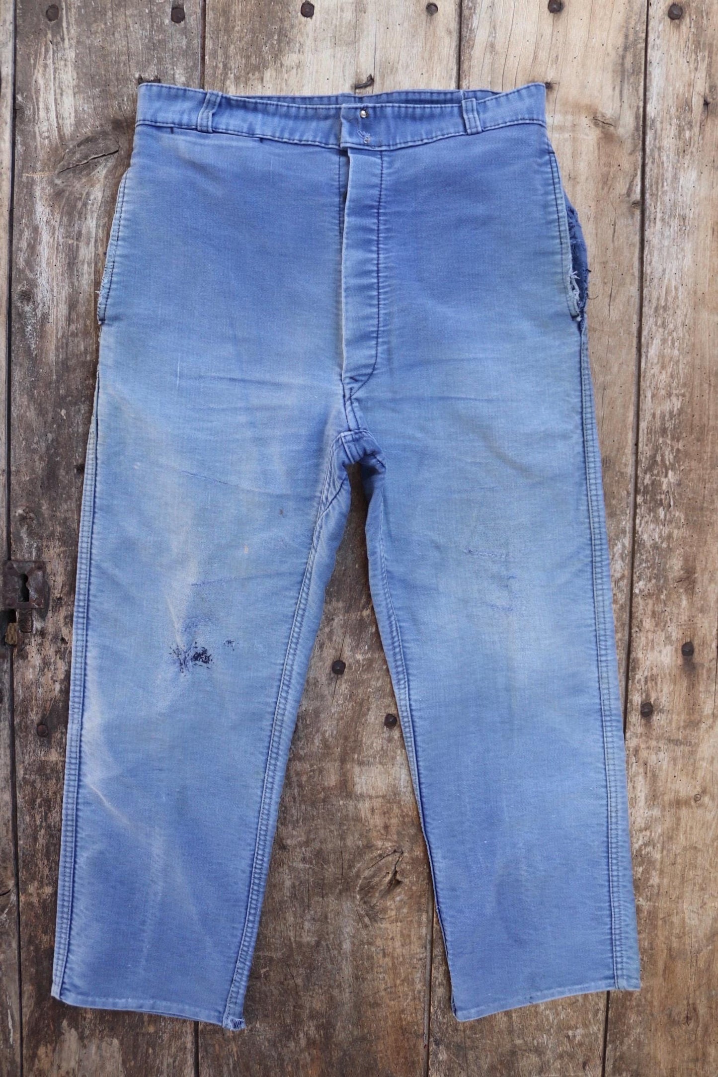 Vintage 1950s French workwear trousers - Le Mont St Michel chore pants - blue moleskin - darned and repaired - 31” x 24”