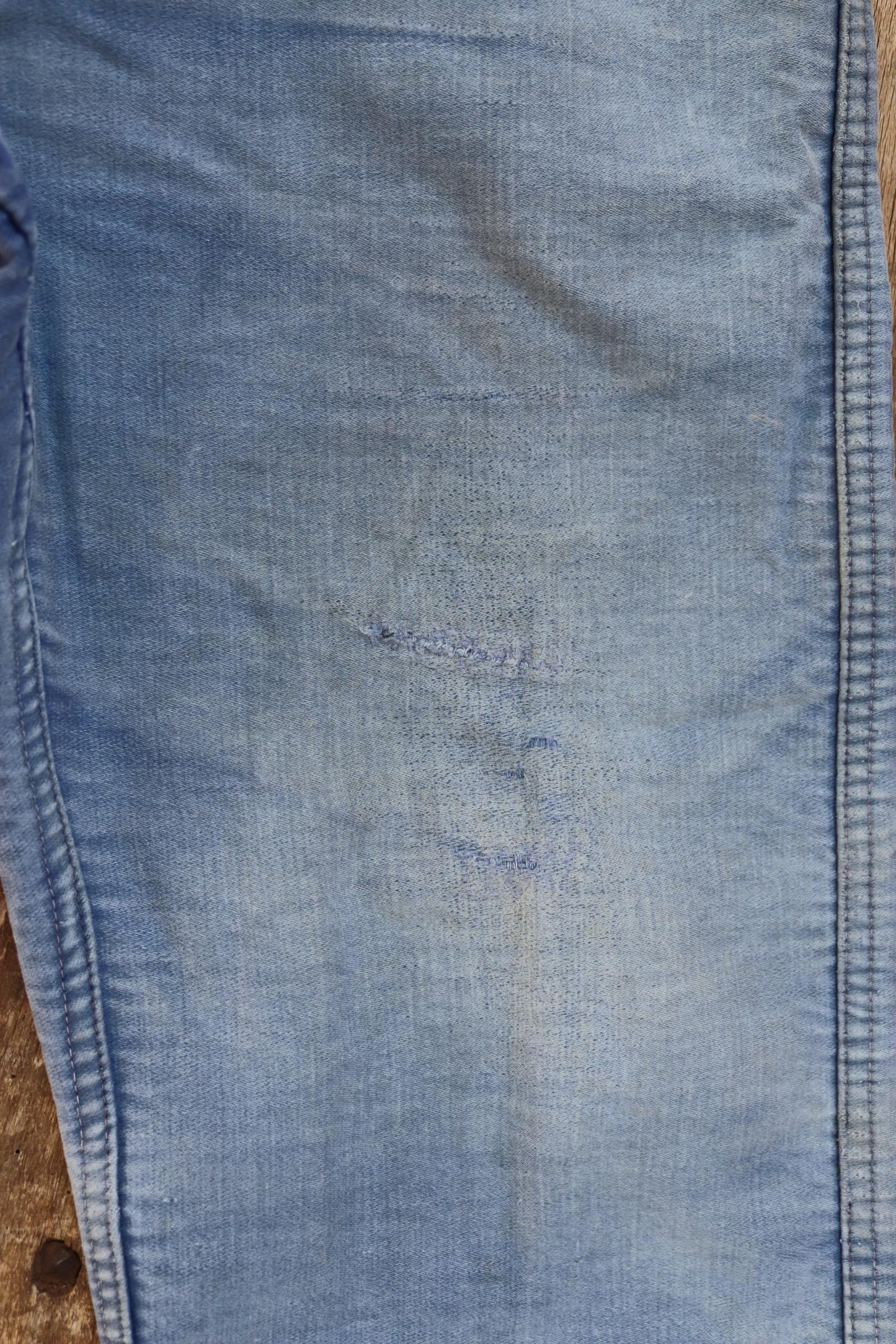 Vintage 1950s French workwear trousers - Le Mont St Michel chore pants - blue moleskin - darned and repaired - 31” x 24”