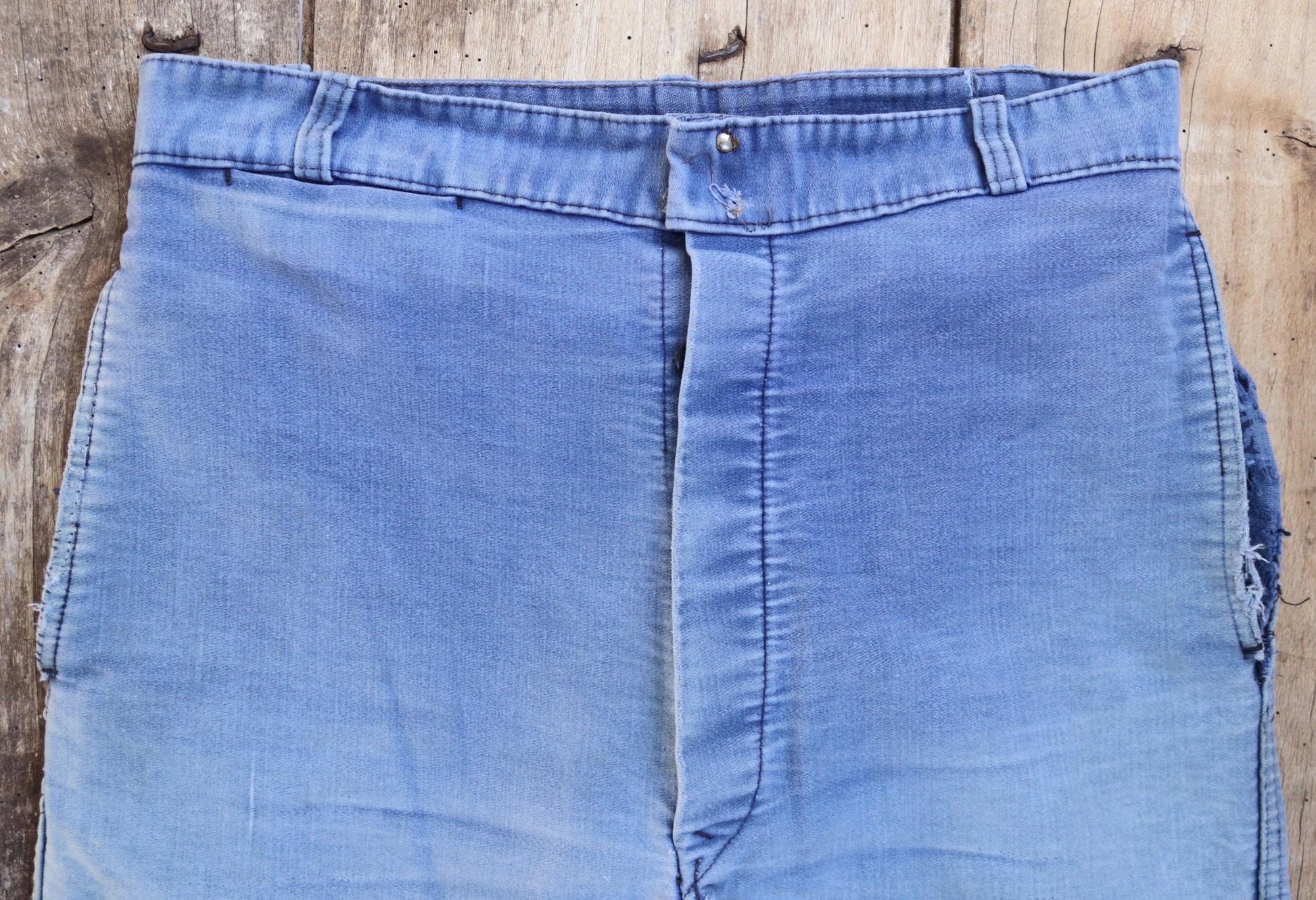 Vintage 1950s French workwear trousers - Le Mont St Michel chore pants - blue moleskin - darned and repaired - 31” x 24”