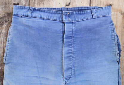 Vintage 1950s French workwear trousers - Le Mont St Michel chore pants - blue moleskin - darned and repaired - 31” x 24”