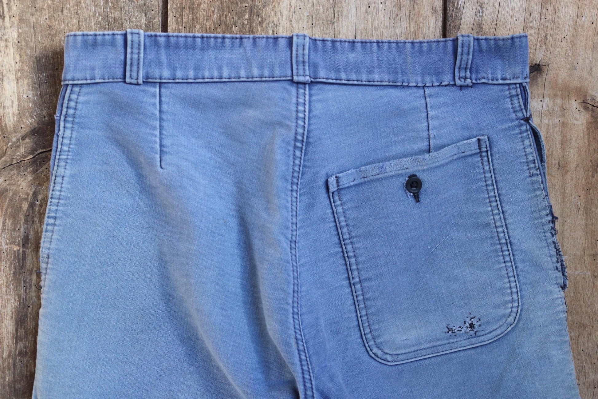 Vintage 1950s French workwear trousers - Le Mont St Michel chore pants - blue moleskin - darned and repaired - 31” x 24”