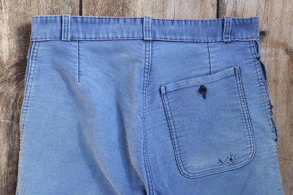 Vintage 1950s French workwear trousers - Le Mont St Michel chore pants - blue moleskin - darned and repaired - 31” x 24”