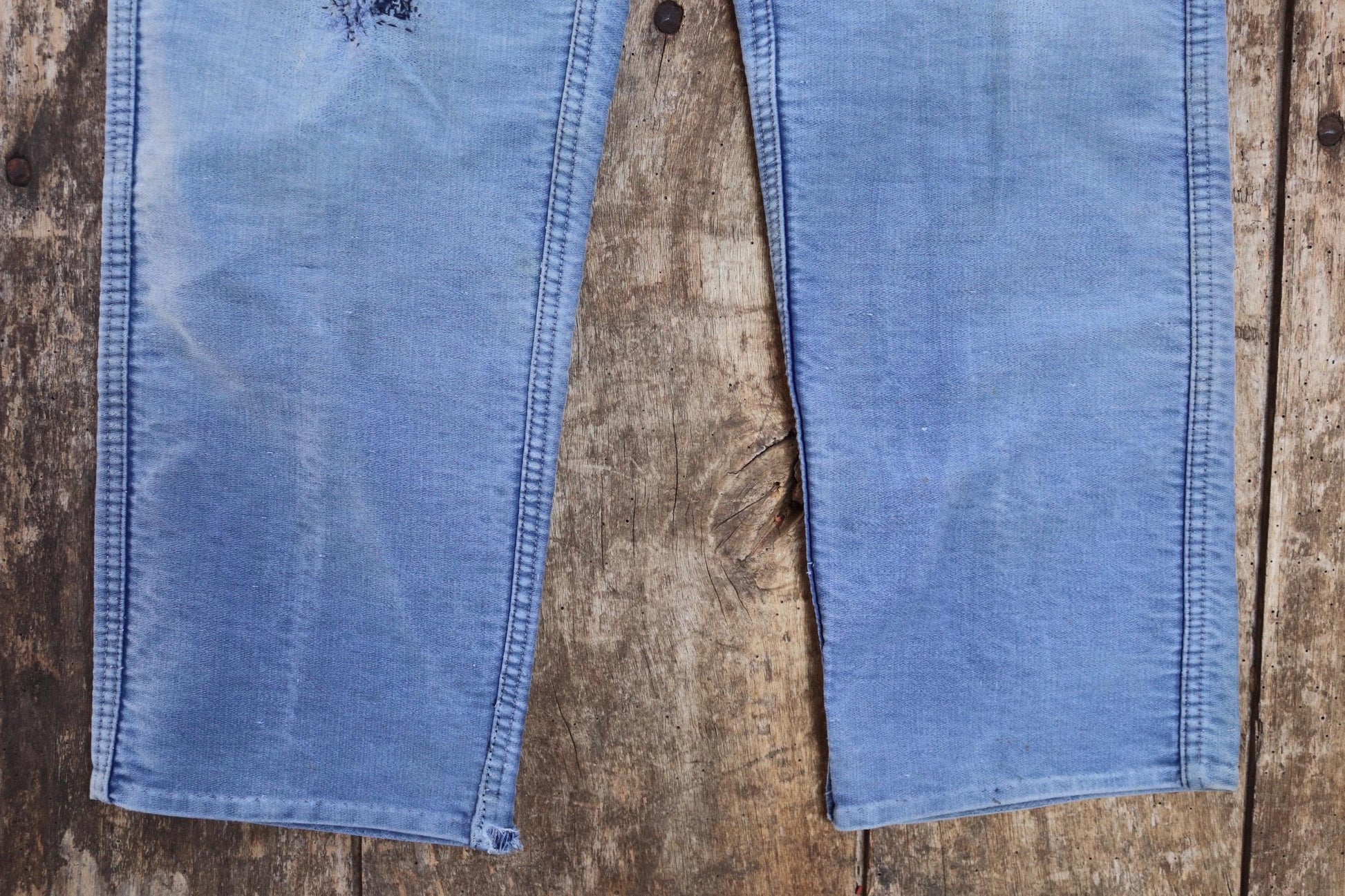 Vintage 1950s French workwear trousers - Le Mont St Michel chore pants - blue moleskin - darned and repaired - 31” x 24”