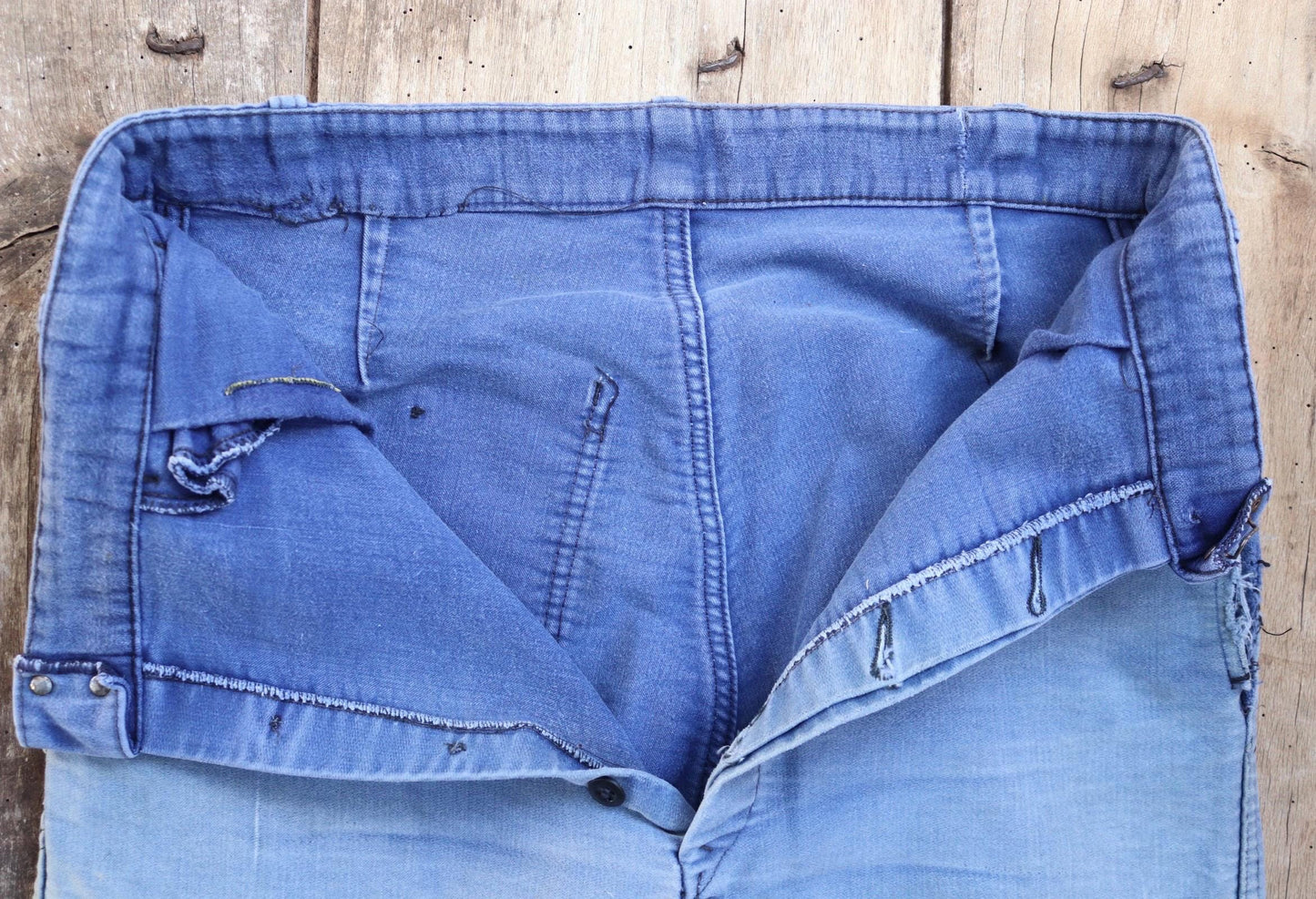 Vintage 1950s French workwear trousers - Le Mont St Michel chore pants - blue moleskin - darned and repaired - 31” x 24”