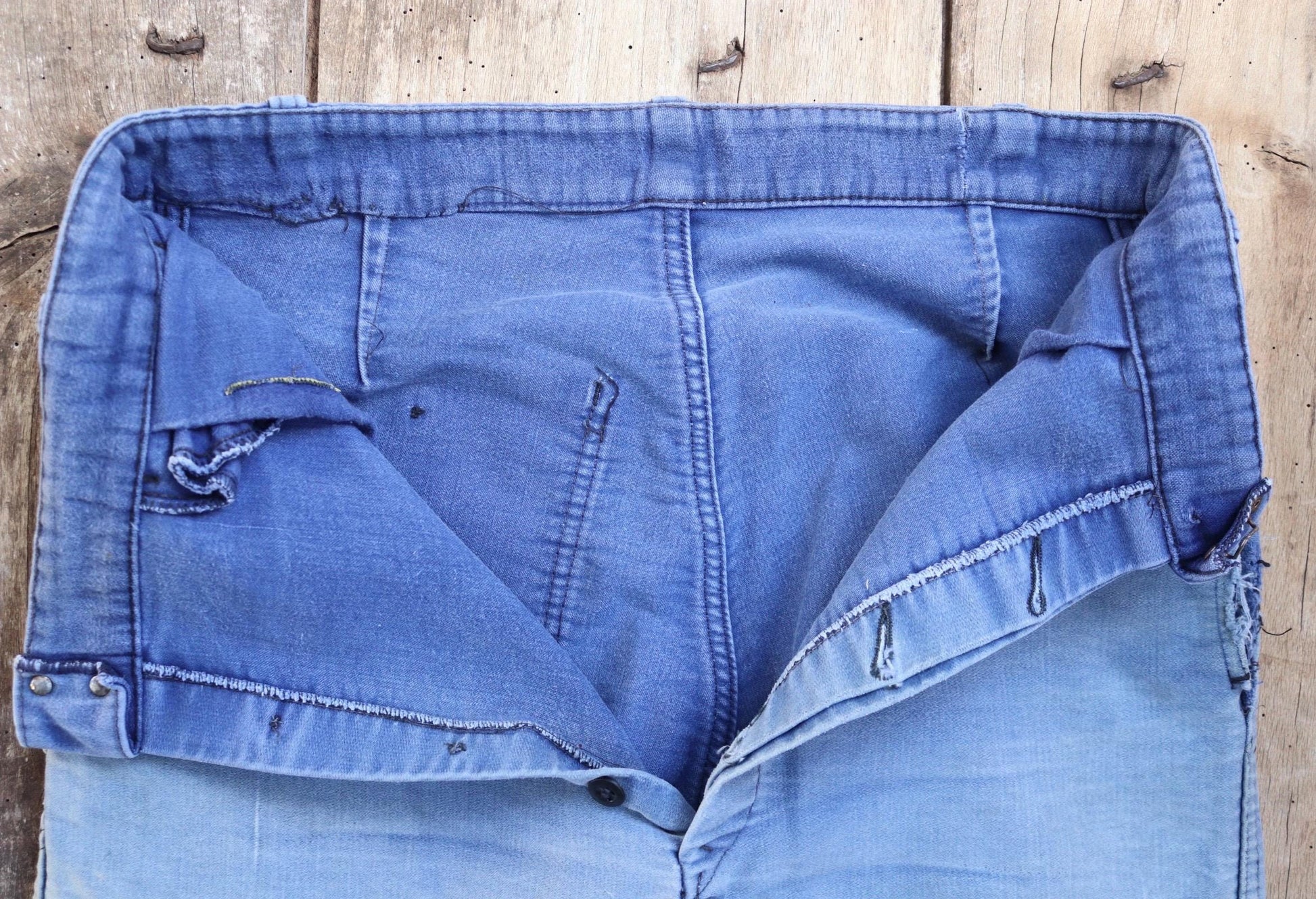 Vintage 1950s French workwear trousers - Le Mont St Michel chore pants - blue moleskin - darned and repaired - 31” x 24”