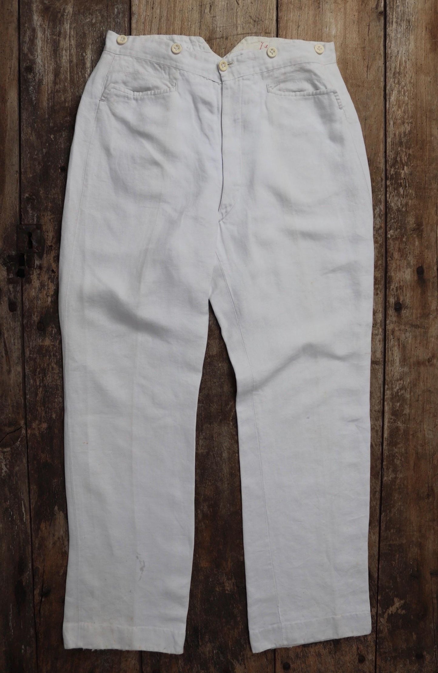 Vintage 1920s French white linen trousers - buckle back pants - 31” x 30”