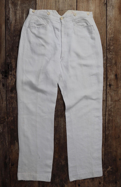 Vintage 1920s French white linen trousers - buckle back pants - 31” x 30”