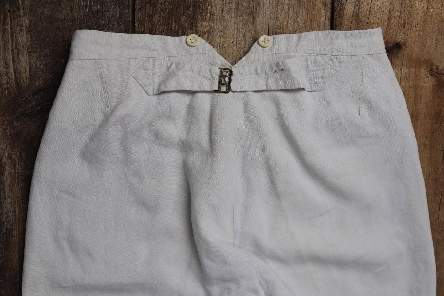 Vintage 1920s French white linen trousers - buckle back pants - 31” x 30”